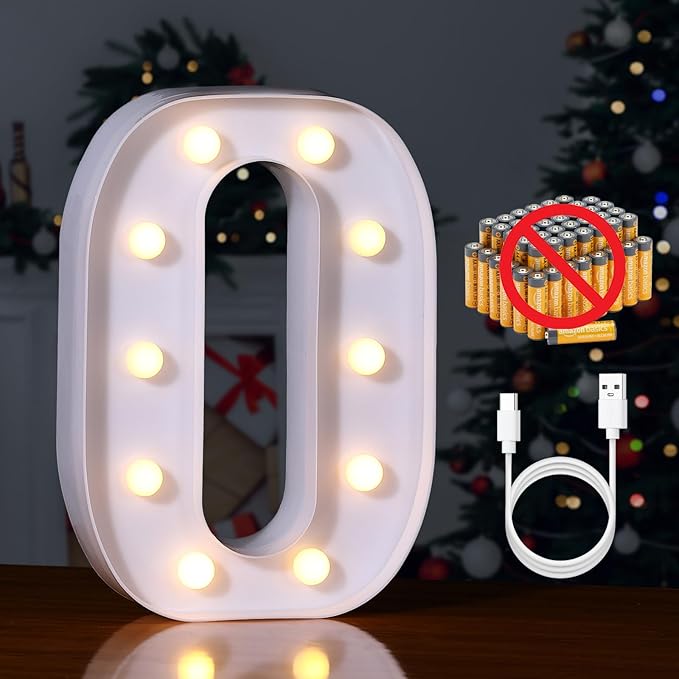 Foaky Rechargeable LED Letter Lights Sign Marquee Light Up Letters Sign for Night Light Wedding/Birthday Party Christmas Lamp Home Bar Decoration (O)