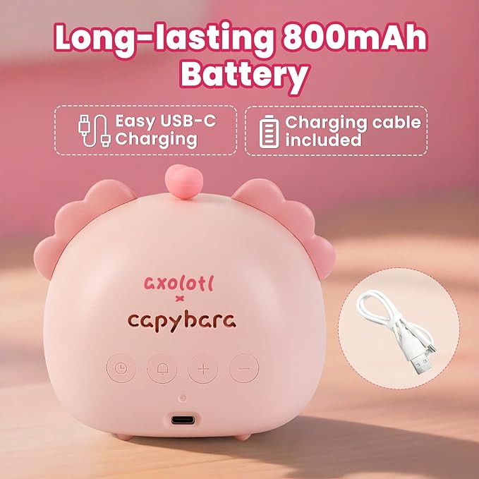 Axolotl Alarm Clock with Night Light for Kids – Cute Digital Sleep Trainer with LED Display, 3 Alarms, Countdown Timer, Adjustable Brightness – Rechargeable Bedside Clock for Boys and Girls