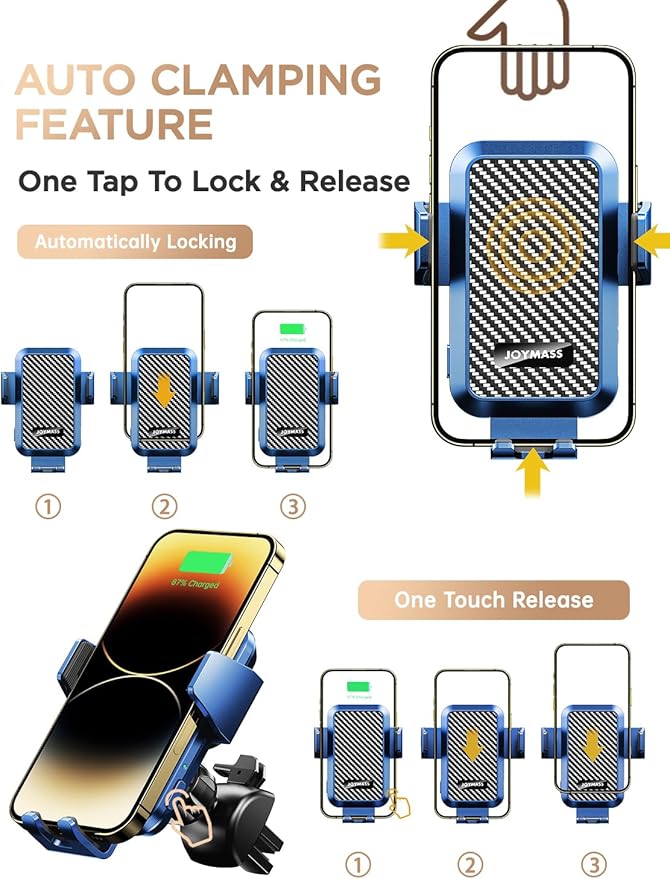Wireless Car Charger, Phone Holders for Your Car, 15W Auto Clamping Phone Mount Car Accessories for iPhone 16 15 14 13 12 Mini Pro Max 11, Samsung Galaxy S24 Ultra S23 S22+ Note 20, etc - Blue