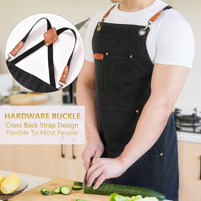Aoomzoon Canvas Aprons for Men Chef Apron, Work Apron - 16oz Heavy Duty Cross