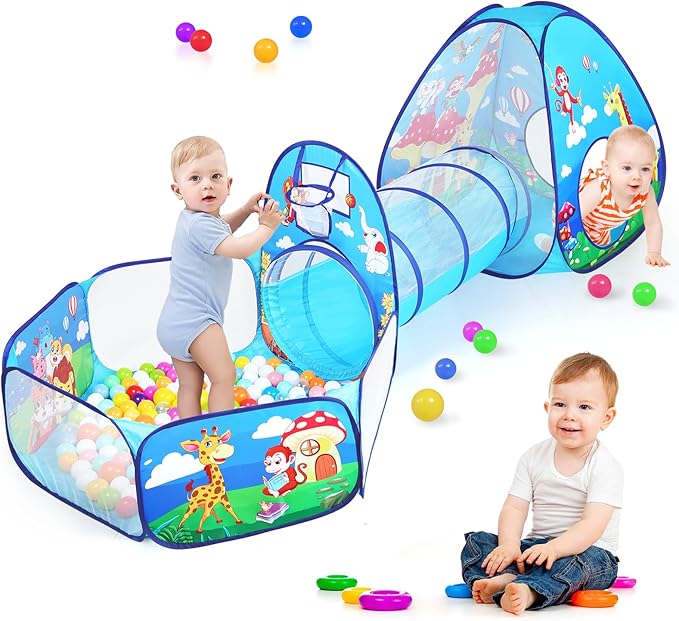 3 in 1 Kids Play Tent for Toddler with Baby Ball Pit and Play Tunnel, Children Indoor Outdoor Playhouse with Climbing Tunnel Toy for Toddlers, Boys and Girls Best Birthday Gifts (3pc Jungle Ball Pit)