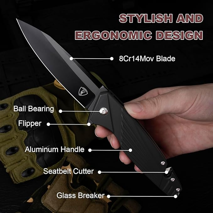 AUBEY Pocket Knife, 8Cr14Mov Steel Blade 3.54", 3-in-1 Folding Knife for Men, Tactical Multitool Knife with Glass Breaker Seat Belt Cutter for EDC Outdoor Survival Camping Hiking (Aluminum Handle)