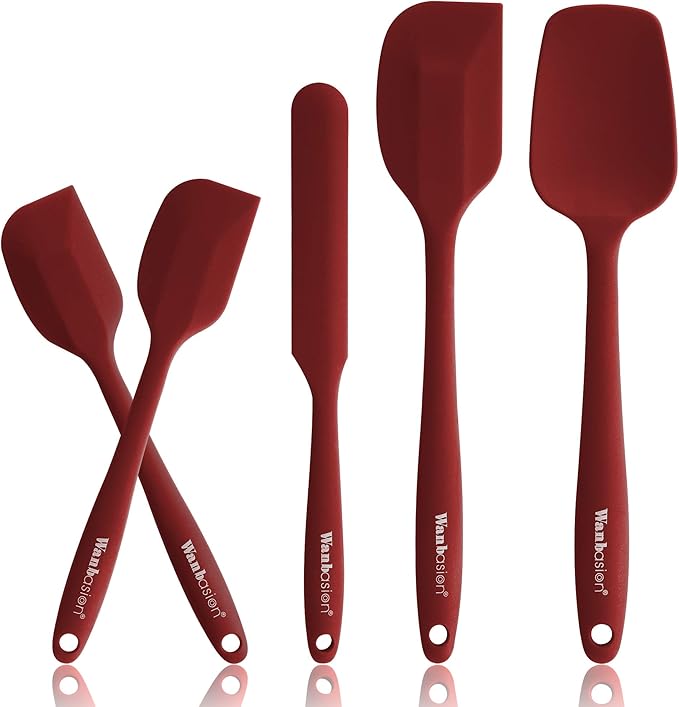 Wanbasion 5 Piece Premium Silicone Spatula Set Heat Resistant, Kitchen Spatula Set Dishwasher Safe for Nonstick Cookware Cooking Mixing Deep Red