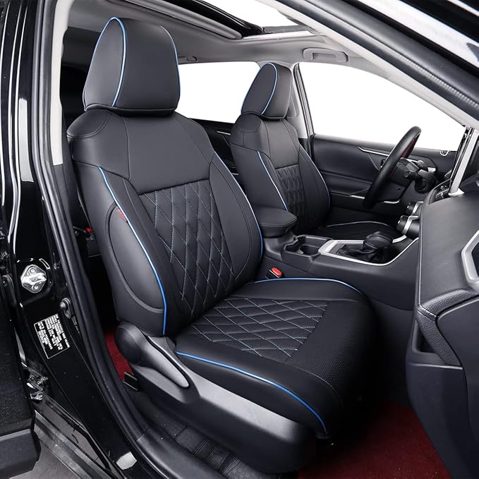 EKR Corolla Car Seat Covers Full Set Custom Fit for Toyota Corolla 2020 2021 2022 XSE/XSE Apex,Leather Car Seat Cover-Faux Leather(Black with Blue Trim)