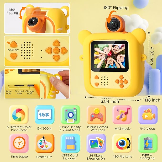 Kids Camera Instant Print, 7 Print Paper (4 Color: O/R/G/B+3 B&W), 2.4" Screen Instant Camera for Kids Ages 3-12,1080P, 180°Flip Lens,32GB Card- Christmas Birthday Present for Boys & Girls,M2