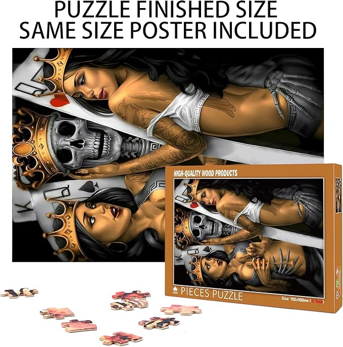 Challenge 1000 Pieces Premium Quality Wood Jigsaw for Adults,Skull King Playing Card,Brain Challenge Educational Game Relaxation Pastime Puzzle Size:29.5X19.7IN and 1:1 Original Picture Poster
