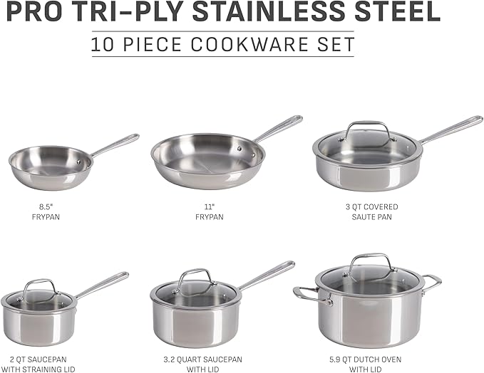 T-fal Pro Tri-Ply Stainless Steel Cookware Set, 10 Piece-Induction Compatible