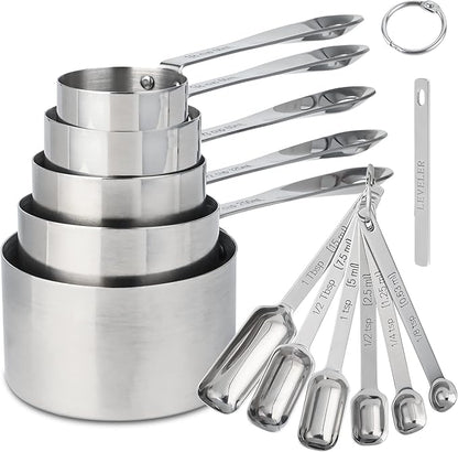 Stainless Steel Measuring Cups and Spoons Set of 12, 5 Dry Measuring Cups and 6 Measuring Spoons With Leveler for Kitchen