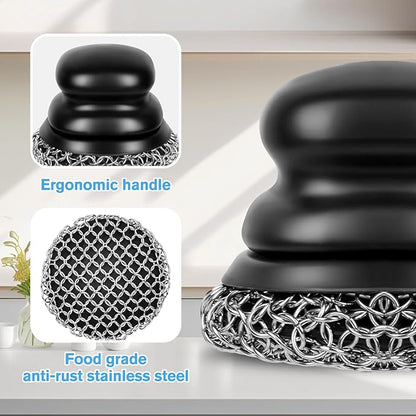 Onewly Cast Iron Scrubber (2 × Black Coarse Mesh) and and Scraper, Chain Mail Scrubber for Cleaning Stock Pots, Pans, Griddles, Grills, Cast Iron Skillets, Dish Scouring Pads