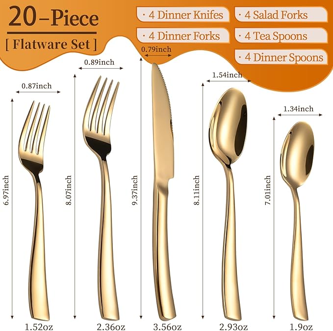 20-Piece Gold Silverware Set, Heavy Duty Stainless Steel Flatware Cutlery Set Service for 4, Food-Grade Utensil Sets for Home Restaurant, Dishwasher Safe