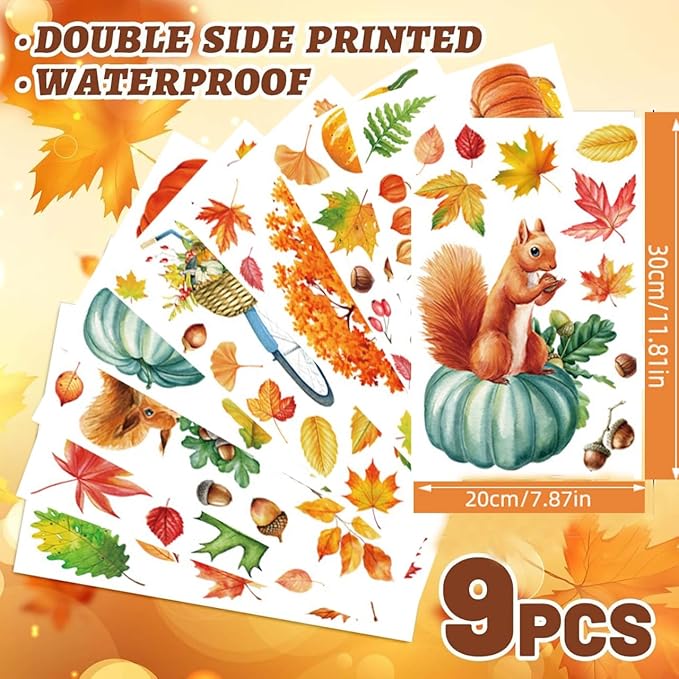 Fall Window Clings 9 Sheets Large-Size Window Clings for Glass Windo Decoration Autumn Leaves Animals Woodland Thanksgiving Decor Home Bedroom Nursery Room Windo Decals
