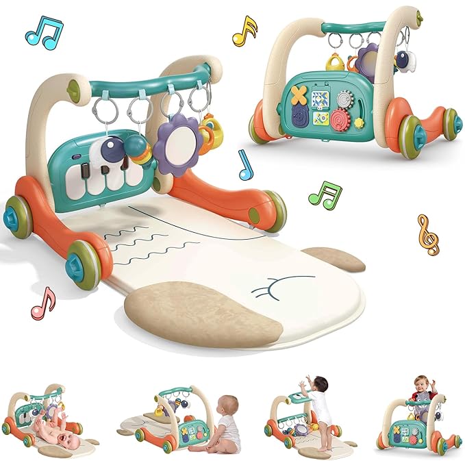3 in 1 Baby Play Mat Gym, Kick and Play Piano Gym with Music Light, Activity Tummy Time Play mat with 5 Learning Sensory Toys, Infant Gifts for Newborn Baby Toddler 0-14 Months