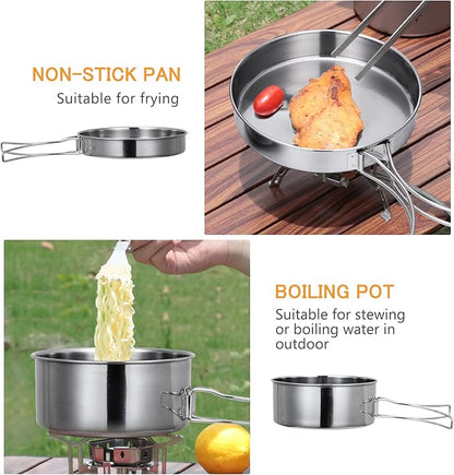 Lixada Camping Cookware Set, 4PCS Portable Stainless Steel Camp Cook Set, Lightweight Stackable Camping Pots and Pans Plate Set Camping Gear for Outdoor Backpacking Camping Hiking Picnic