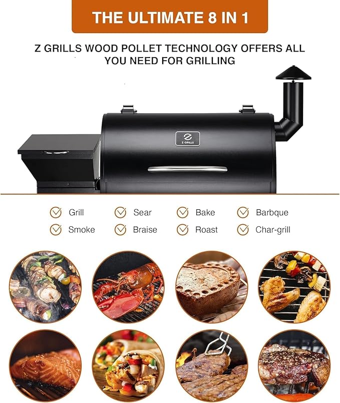 Z GRILLS ZPG-7002B Newly Upgrade Wood Pellet Grill & Smoker, 8 in 1 BBQ Grill Auto Temperature Controls, inch Cooking Area, 700 sq in Black