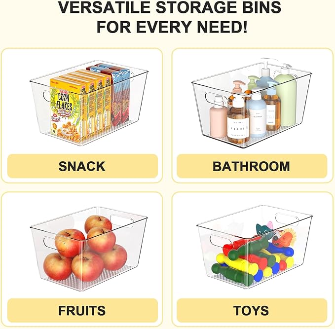 8 Pack Large Clear Plastic Storage Bins, Refrigerator Cabinet Organizers with Handles for Pantry Organization and storage, Perfect for Home Organization, Kitchen, Laundry, Office& Garage