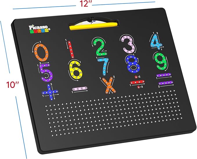 PicassoTiles 2in1 Magnetic Drawing Board Toy 12x10 In Large Magnet Bead Pad with Alphabet and Math Side in Black STEM Educational Writing Playboard Reusable Erasable Learning Tablet for Kids PTB02-BLK