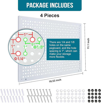 Peg Board, Heavy Duty Steel Organization Panels, Universal 1/8 and 1/4 Peg Board Accessories, Ideal for Garage Tool Storage, Pack of 4(White, 16X10.5)