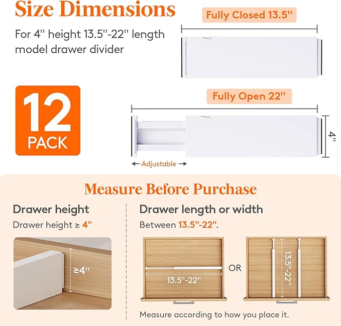 Lifewit 12 Pack 4" High Drawer Dividers 34-56cm/13.5-22" Adjustable Drawer