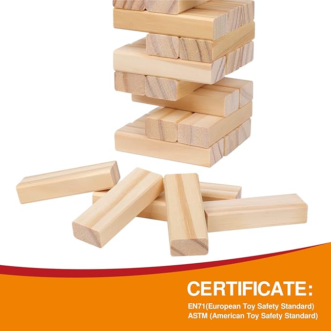GOTHINK Tumble Tower Game for Kids and Adults, 54pcs Wooden Board Stacking Game for Family Games Night, Classical Wood Blocks Game, Standard Size