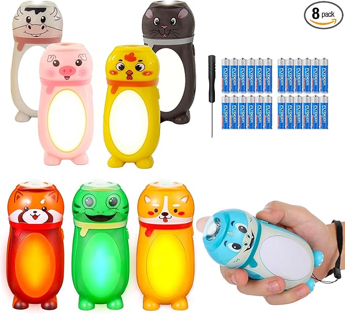 8 Pack Small Mini LED Flashlights for Kids - Cute Animal AAA Flashlight Bulk- 2 in 1 Lantern Flashlight - Christmas Gifts Stocking Stuffers for Camping for Girls Boys