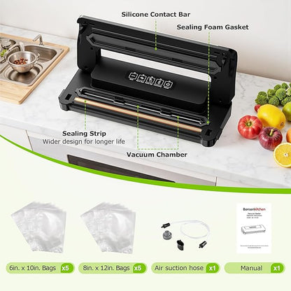 Bonsenkitchen Vacuum Sealer Machine Multi-Functional Food Sealer with 10 Vacuum Bags, Fast-Compact Design, External Vacuum System & Accessory Tube for Freshness Preservation,Black