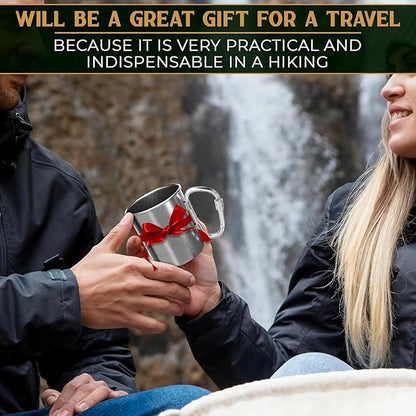 13.5 Oz Stainless Steel Camping Mug with Carabiner - Metal Camping Cup for Traveling, Lightweight and Heat-Resistant, Durable and Easy to Clean Hiking Cup, Comfortable to Hold and Drink