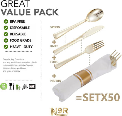 N9R 50 Pack Pre Rolled Gold Plastic Cutlery Set, Wrapped Plastic Silverware Set with 50 Forks, 50 Knives, 50 Spoons and 50 Napkins, Disposable Cutlery Set for Party and Wedding