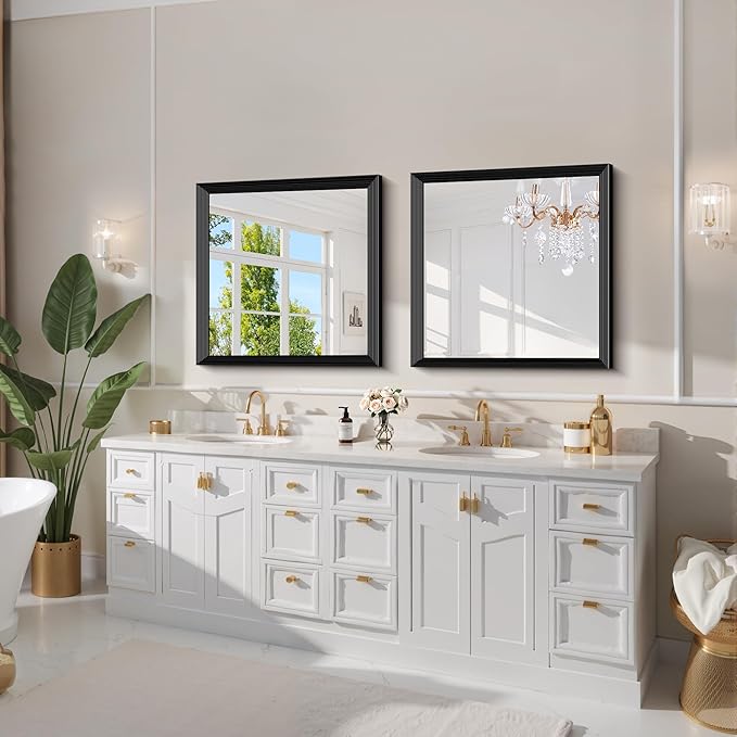 Black Bathroom Mirror 30 x 30 Inch Rectangle Wave Beveled