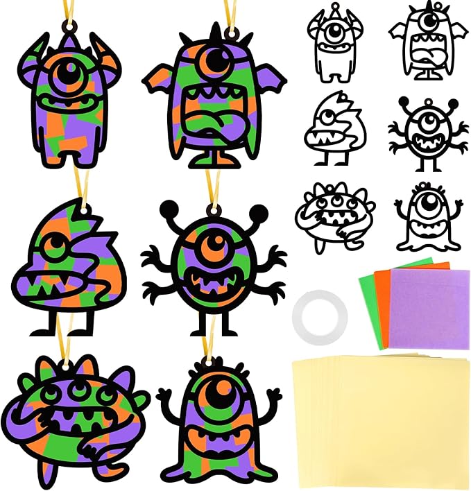 Qyeahkj 36 Set Halloween Monster Suncatchers Crafts for Kids DIY Monster Window Tissue Paper Craft Kit Hanging Decor for School Classroom Activity Art Project Holiday Home Birthday Party Favor Gift