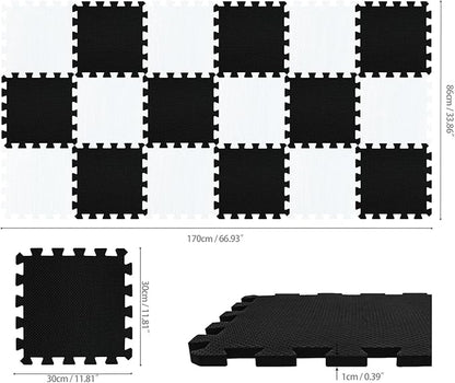 qqpp EVA Rubber 18 Tiles Interlocking Puzzle Foam Floor Mats - Baby Play Mat for Playing | Exercise Mat for Home Workout. White, Black. QC-ADb18N
