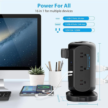 AOFO Long Extension Cord 15 ft Power Strip Tower, Surge Protector 12 AC Outlets