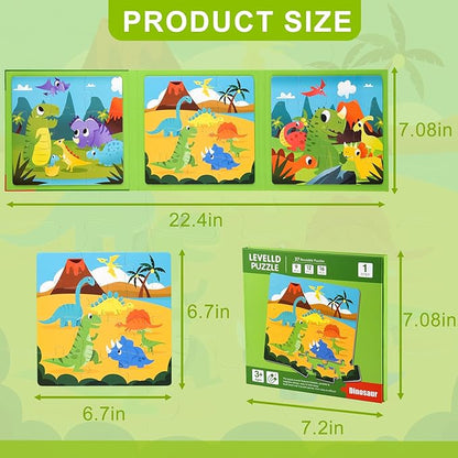 ASTARON Magnetic Puzzles for Toddlers, 16-20-25 Pieces Dinosaur Land Learning Magnet Puzzles for Road Trip, Educational Travel Toys Car Plane Activities for Kids, Kids Birthday Gifts