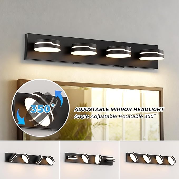 26In Motion Sensor Vanity Light, Matte Black 3CCT 4-Light Modern LED Bathroom