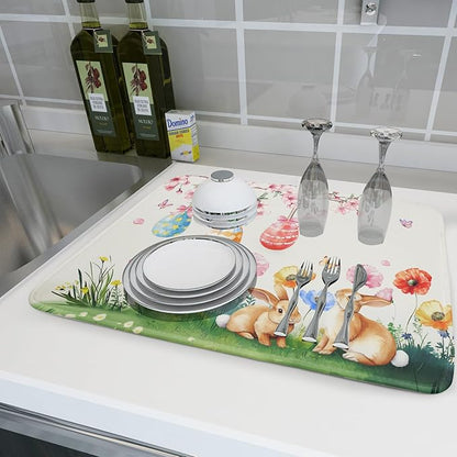 Giwawa Easter Bunny Dish Drying Mat, Spring Rabbits Eggs Hunt Dish Drainer Mats