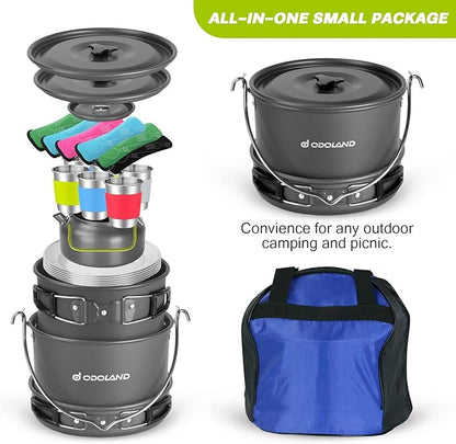 Odoland 39pcs Camping Cookware Mess Kit, Non-Stick Large Size Hanging Pot Pan Kettle with Base Dinner Cutlery Sets for 6 and More, Cups Dishes Forks Spoons Kit for Outdoor Camping Hiking Picnic