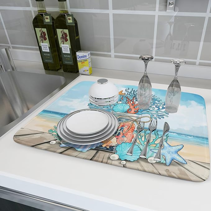Coastal Coral Dish Drying Mat 18x24 inch Starfish Shell Fast Dry Microfiber