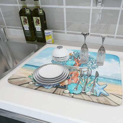 Coastal Coral Dish Drying Mat 18x24 inch Starfish Shell Fast Dry Microfiber