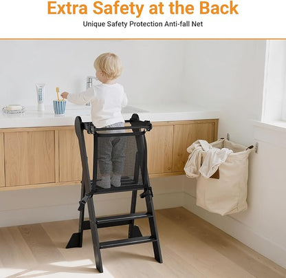 COSYLAND Foldable Toddler Kitchen Stool Helper - Height Adjustable Standing Tower for Bathroom Sink or Kitchen Counter - Step Stool for Toddlers Ages 18 Months to 6 Years Black