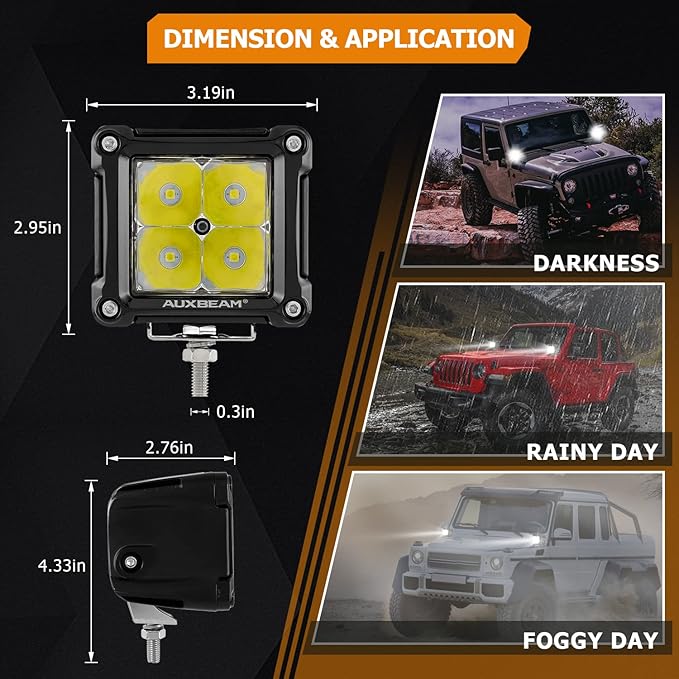 Auxbeam FA Series Spot Beam LED Pod Lights, 3 Inch 40W Cube Offroad Spot Light, with DT Wiring Harness, Driving Auxiliary Ditch Lights, for Truck ATV UTV Jeep Car, Pair