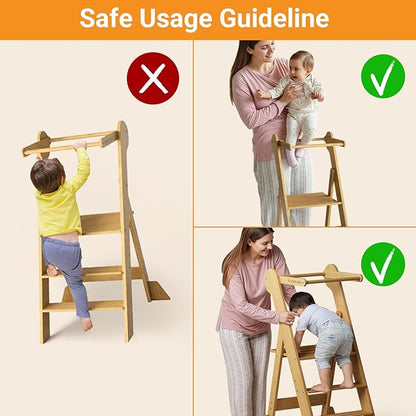 COSYLAND Foldable Toddler Kitchen Stool Helper - Height Adjustable Standing Tower for Bathroom Sink or Kitchen Counter - Step Stool for Toddlers Ages 18 Months to 6 Years Natural