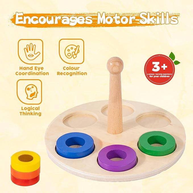 Adena Montessori Wooden Stacking and Sorting Ring,Wooden 6 Rings on Peg,Wooden Rainbow Stacking Rings Baby Toy, Stacker Toys for Infants and Toddlers,Wood Educational Developmental Toy Multicolor