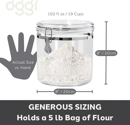 Oggi Jumbo Clear Canister with Clamp Lid, 150 oz - Airtight Food Storage Container, for Kitchen & Pantry Storage of Bulk, Dry Foods Including Pasta, Flour, Sugar, Coffee, Rice, Tea, Spices & Herbs