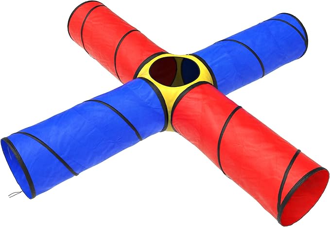 Hey! Play! Kids Play Tunnel- 4-Way Pop Up Crawl Through Tent, Indoor/Outdoor Fun for Kids, Dogs, Toddlers & Children, Foldable & Portable Playhouse, Multicolor