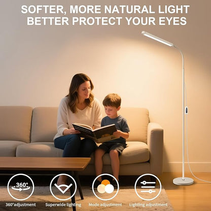 White LED Reading Floor Lamp, Bright 12W Dimmable Standing Light, Adjustable