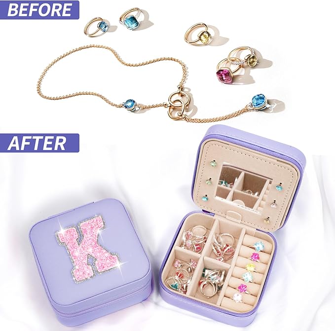 Personalized Jewelry Box - Small Travel Jewelry Organizer, Cute Storage for Women's Accessories, Travel Essentials & Birthday Gifts | Lavender,K
