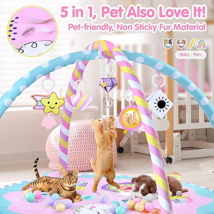 Baby Play Mat & Activity Mat - Baby Play Gym Tummy Time Mat with 6 Detachable Sensory Toys for Motor Skills Development, Newborn Baby Toys 0-6-12 Months Essentials Gift Playmats