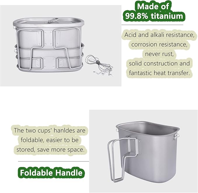 iBasingo Titanium Canteen Mess Kit with Folding Handle Hanging Ring Ultralight Portable for Lunch Outdoor Camping Hiking
