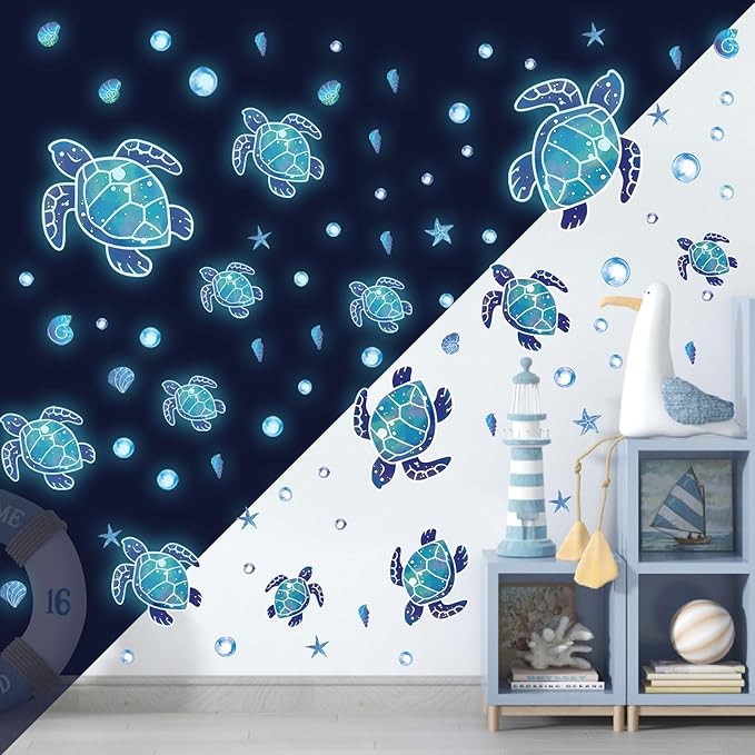 Glow in The Dark Sea Turtle Wall Decals,Under The Sea Turtle Bathroom Wall Stickers Ocean Wall Decor for Kids Baby Nursery Living Room Beach Room Decor