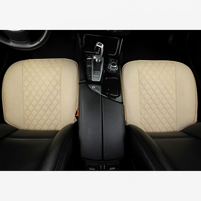 West Llama Linen Front Car Seat Cover Protector Anti-Slip Bottom Seat Cover Fits 95% of Vehicles,Wrapping Around The Bottom,Diamond Pattern(Beige-2Pcs)
