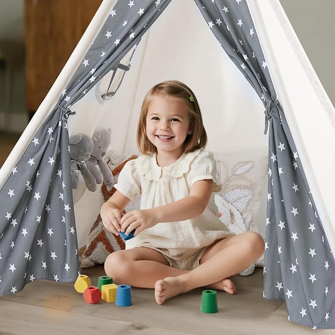 Teepee Tent for Kids Slumber Party with Mat & Light & Carry Case - Kids Cotton Canvas Play Tee Pee Tent Indoor Outdoor Folding for Boys and Girls Gift - Tipi Play House Garden Picnic Tents Child